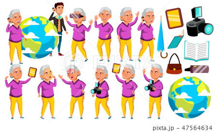 Asian Old Woman Poses Set Vector. Elderly People. Senior Person. Aged. Positive Pensioner. Web Asian Old Woman Poses Set Vector. Elderly People. Senior Person. Aged. Positive Pensioner. Web 47564634