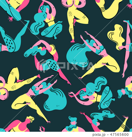 Flat memphis vector seamless pattern with yoga asanas. Men and women engage in yoga. Healthy Flat memphis vector seamless pattern with yoga asanas. Men and women engage in yoga. Healthy 47565600