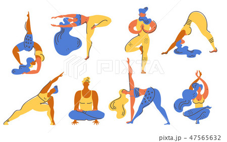 Flat vector collection of yoga asanas. Men and women engage in yoga. Flat vector collection of yoga asanas. Men and women engage in yoga. 47565632