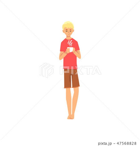 Young Man Standing with Cup of Tea, Guy Spending Weekend at Home and Relaxing, Rest at Home Vector 47568828