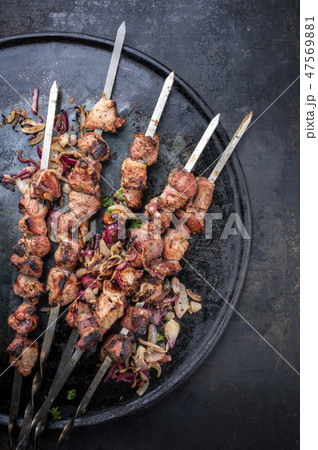 shashlik on a barbecue skewer shashlik on a barbecue skewer 47569881