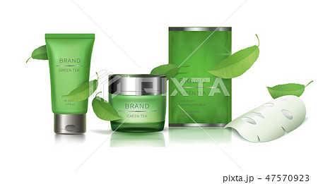Green glass jar and facial sheet mask 47570923