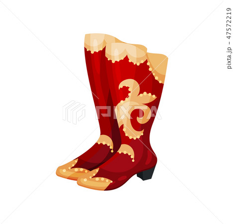 Bright red tall boots with gold inserts and high heel. Women shoes for theatrical performance. Flat 47572219