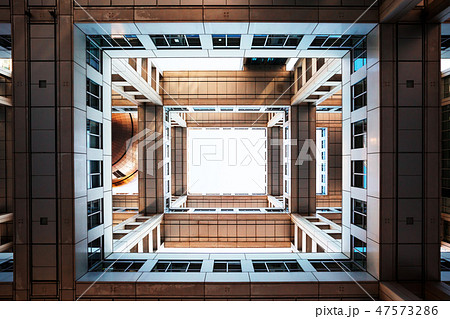 Bottom view on Headquarters of Fuji TV at Odaiba island, Tokyo, Japan 47573286