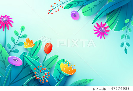 Summer background with paper cut fantasy flowers, leaves, isolated on light. Minimal 3d style floral 47574983
