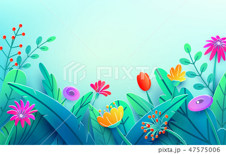 Summer border with paper cut fantasy flowers, leaves, stem. Minimal 3d style floral spring 47575006