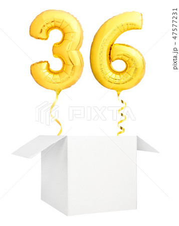 Golden number thirty six inflatable balloon with golden ribbon flying out of blank white box Golden number thirty six inflatable balloon with golden ribbon flying out of blank white box 47577231
