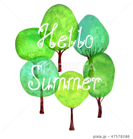 Hello Summer lettering green trees set background. 47578386