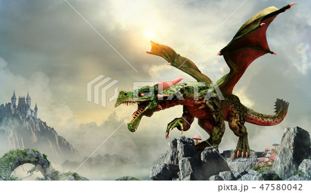 Green dragon scene 3D illustration 47580042