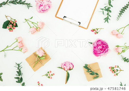 Floral frame of pink peonies, roses, hypericum Floral frame of pink peonies, roses, hypericum 47581746
