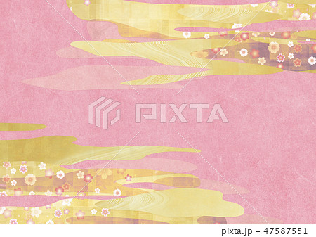 和風背景素材 和紙の風合い 和モダン 桜 ピンク 雲 波のイラスト素材