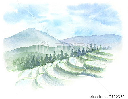 棚田 水田 山 空 風景 水彩画のイラスト素材