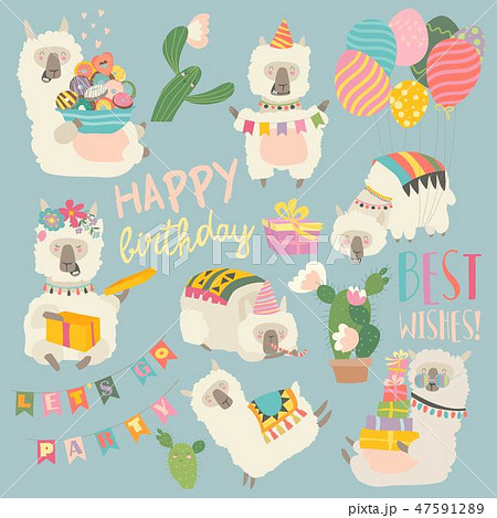 Cartoon character of funny alpaca llama with birthday theme Cartoon character of funny alpaca llama with birthday theme 47591289