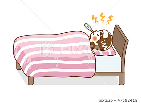 発熱してベッドで寝込む若い女性 全身 輪郭線ありのイラスト素材