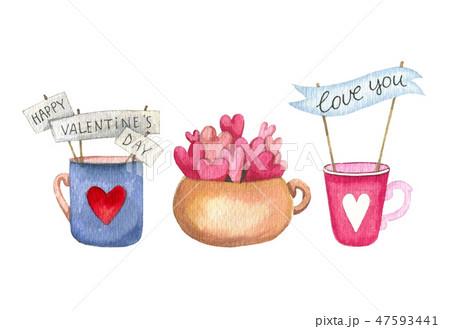 Set of Hand drawn cup and mug with a hearts, garland on stick isolated on white background. Cute 47593441