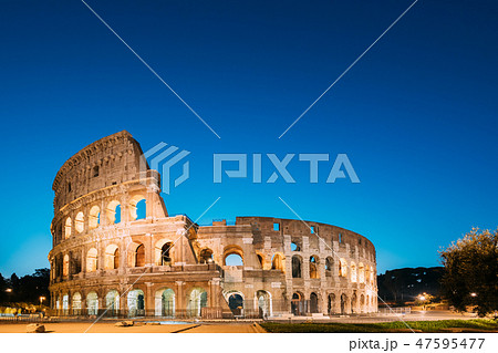 Rome, Italy. Colosseum - Flavian Amphitheatre In Evening Or Night Time. 47595477