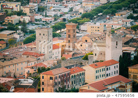 Terracina, Italy. Cityscape With Tower Of Cathedral Of San Cesareo Terracina, Italy. Cityscape With Tower Of Cathedral Of San Cesareo 47595656