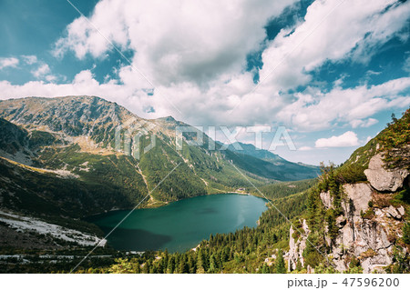 Tatra National Park, Poland. Famous Mountains Lake Morskie Oko Or Sea Eye Lake In Summer Day. Topw 47596200