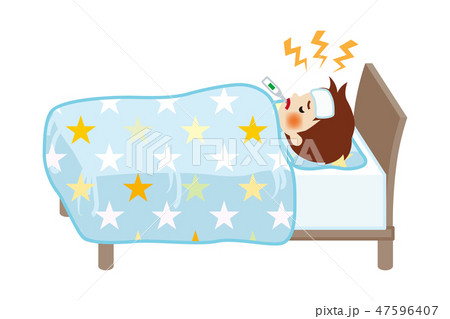 発熱してベッドで寝込む小さな男の子 全身のイラスト素材