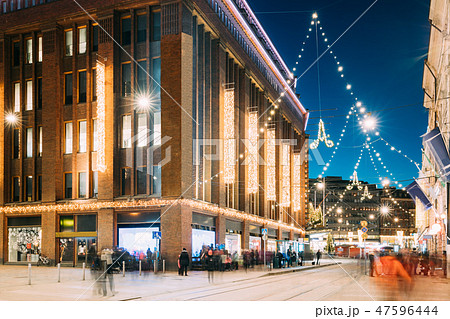 Helsinki, Finland. Building Of Department Store On Aleksanterinkatu Street In Evening Or Night Helsinki, Finland. Building Of Department Store On Aleksanterinkatu Street In Evening Or Night 47596444