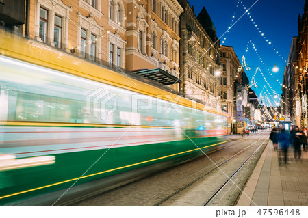 Helsinki, Finland. Tram Departs In Motion Blur From Stop On Aleksanterinkatu Street In Kluuvi 47596448