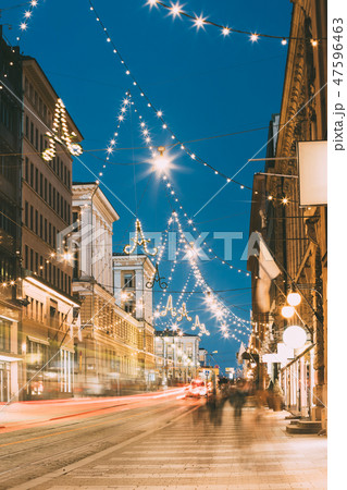 Helsinki, Finland. Night Evening Christmas Xmas New Year Festive Illumination On Aleksanterinkatu 47596463
