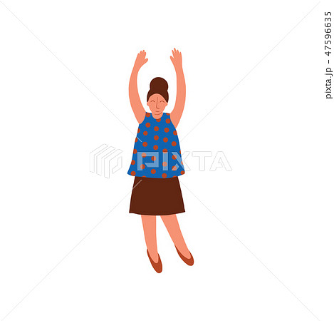 Young Woman Wearing Blouse and Skirt Standing with Her Hands Raised Vector Illustration 47596635
