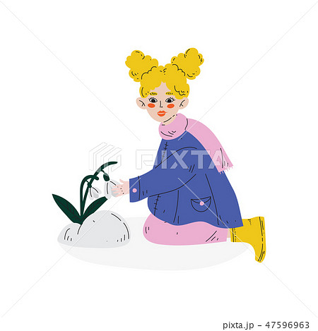 Girl Admiring Beautiful Flower, Kids Spring or Summer Outdoor Activity Vector Illustration 47596963