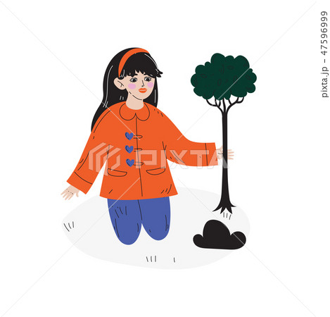 Beautiful Girl Planting Tree, Kids Spring or Summer Outdoor Activity Vector Illustration 47596999