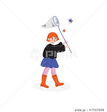 Girl Catching Butterflies with Net, Kids Spring or Summer Outdoor Activity Vector Illustration Girl Catching Butterflies with Net, Kids Spring or Summer Outdoor Activity Vector Illustration 47597006