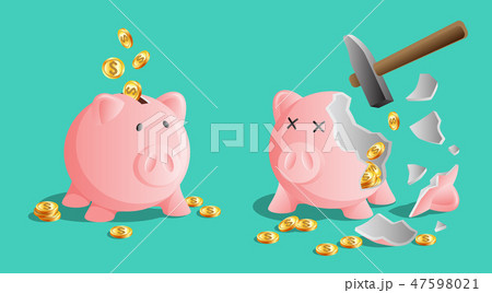 Pink piggy bank icon and broken piggy moneybox with cold coins and a hammer Pink piggy bank icon and broken piggy moneybox with cold coins and a hammer 47598021