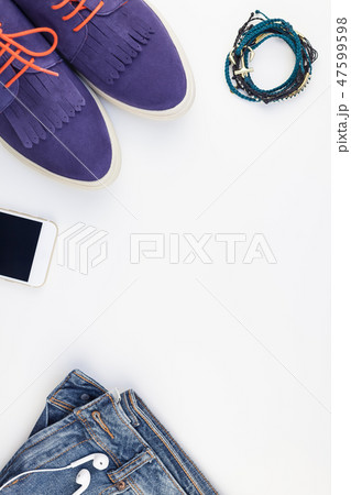 Overhead view of woman casual outfit Overhead view of woman casual outfit 47599598
