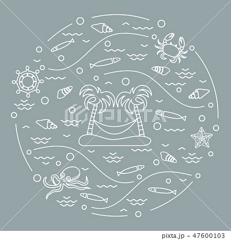 octopus, fish, island with palm trees and a 47600103
