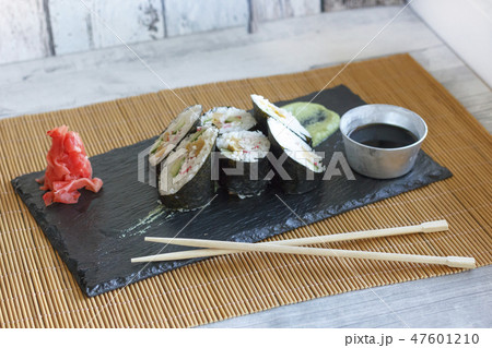 Japanese rolls with cucumber, crabs and omelet  47601210