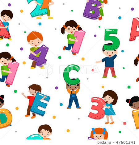 Kids alphabet vector children font and boy or girl character holding alphabetic letter or number 47601241