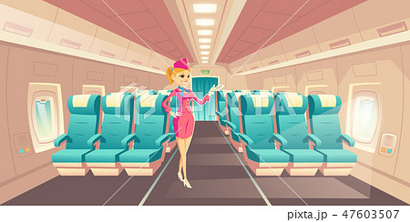 Stewardess in airplane cabin interior vector 47603507
