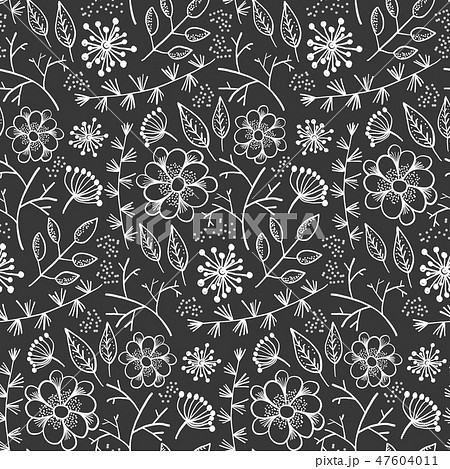 Monochrome Pattern With Outline Flowers And Herbsのイラスト素材