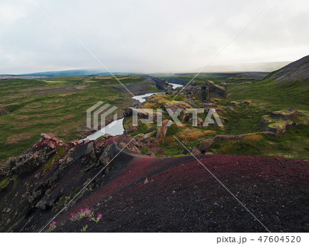 view on canyon river Jokullsa a Fjollum from top of the red volcano Raudholar near Detifoss Iceland 47604520