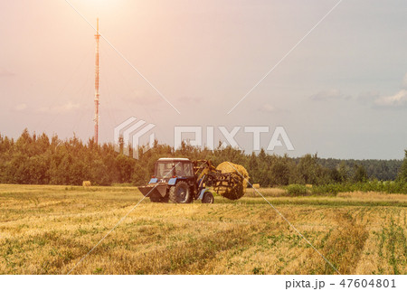 Farmer on a tractor picks haystack and loads bale of hay into the trailer, agriculture Farmer on a tractor picks haystack and loads bale of hay into the trailer, agriculture 47604801