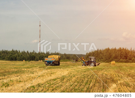 Farmer on a tractor picks haystack and loads bale of hay into the trailer, agriculture Farmer on a tractor picks haystack and loads bale of hay into the trailer, agriculture 47604805