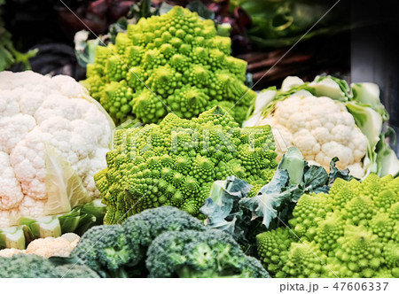 Different kinds of cabbage in a basket at market. Different kinds of cabbage in a basket at market. 47606337