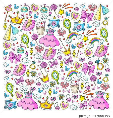Princess birthday party for little girls. Kindergarten, school children picture. Illustration for 47606495