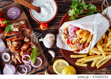 greek souvlaki, pita ma gyros, top view 47606592