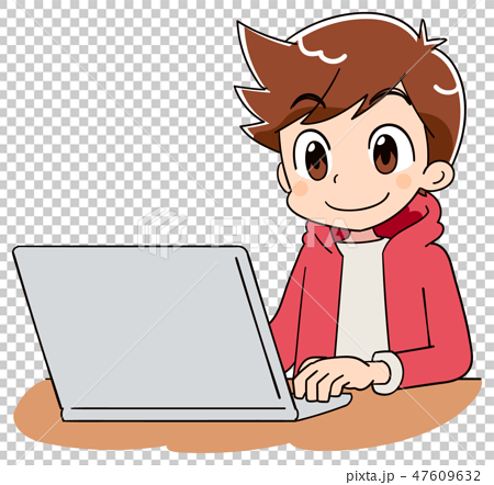 小学生 子ども 男の子 パソコン アニメ ゲーム風テイスト のイラスト素材