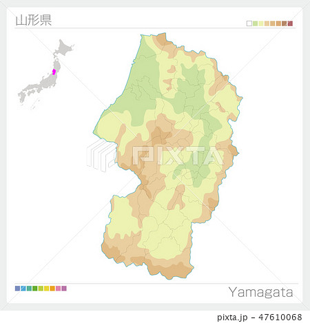 山形県の地図 等高線 色分け のイラスト素材