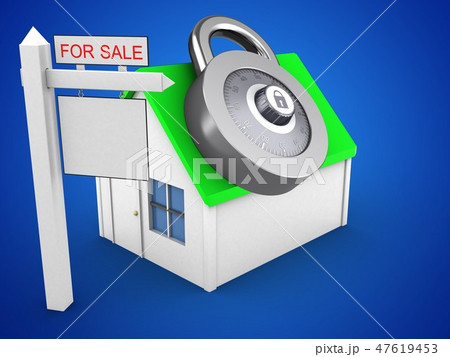 3d illustration of house with sale sign and lock 47619453