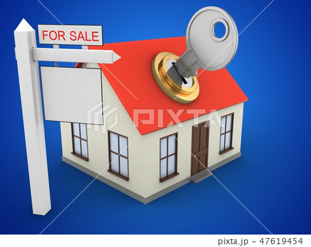3d illustration of house with sale sign and key 47619454