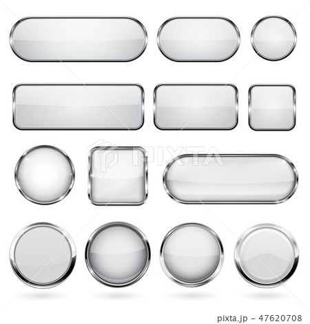 White glass buttons with metal frame. Collection of 3d icons White glass buttons with metal frame. Collection of 3d icons 47620708
