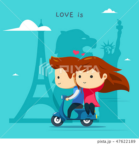 A boy is riding a blue scooter with his girl 47622189