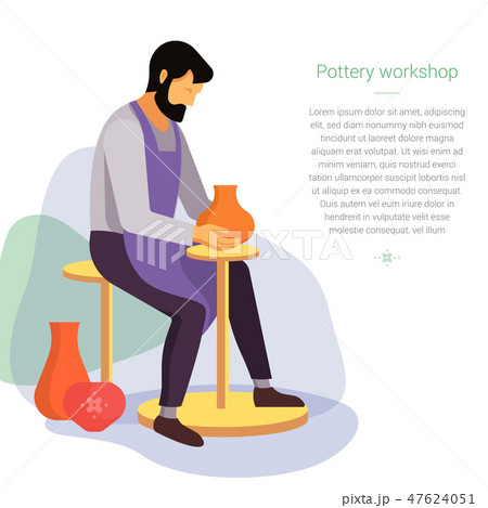 Potter sculpts the product on the machine. Vector illustration with place for text. Poster for clay Potter sculpts the product on the machine. Vector illustration with place for text. Poster for clay 47624051